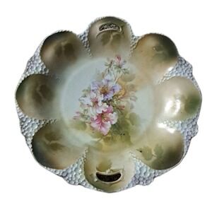 StunningAntique Victorian Green RS Germany Marking Floral Cake Plate Handled 10"